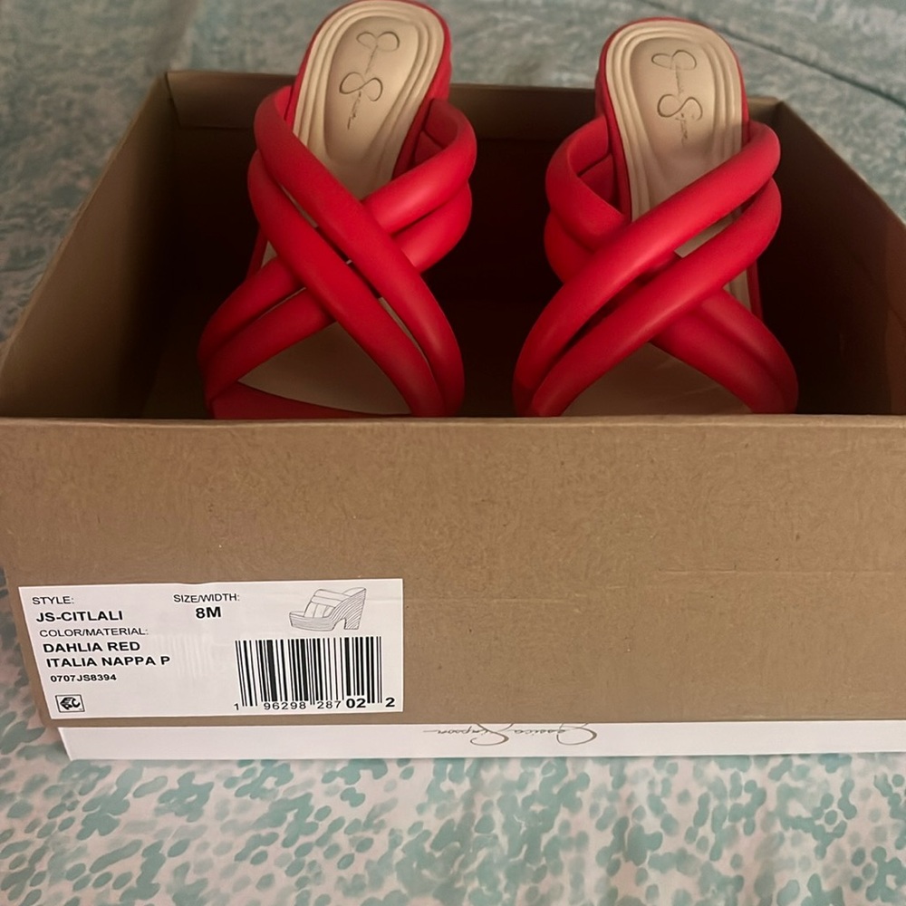 Faux leather Jessica Simpson slip on wedge, size 8, like new, red